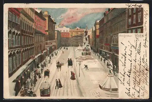 Lithographie Wien, Strassenbahn in der Strasse am Graben im Schnee