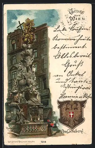 Lithographie Wien, Graben, Denkmal und Wappen