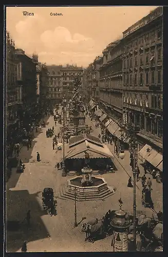 AK Wien, Graben, Pferdekutschen stehen an der Litfasssäule, Dreifaltigkeitssäule