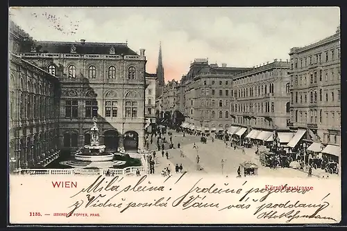 AK Wien, Kärntnerstrasse, mit Pferdebahn, Brunnen und Blick auf den Stephansdom