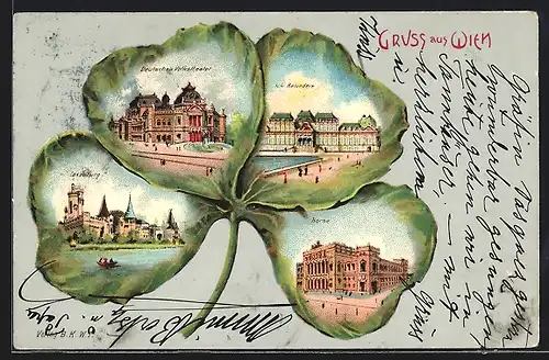 Passepartout-Lithographie Wien, Deutsches Volkstheater, Laxenburg und Börse im Kleeblatt