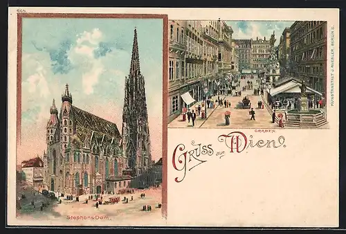 Lithographie Wien, Stephans Dom, Graben