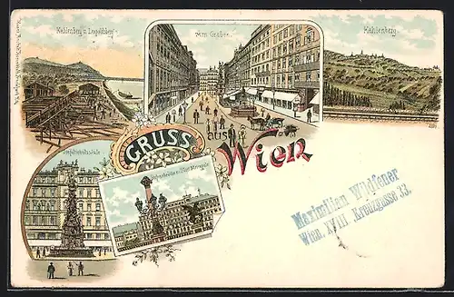 Lithographie Wien, Graben mit Geschäften, Dreifaltigkeitssäule, Stefaniebrücke u. Hotel Metropole, Pferdekutsche