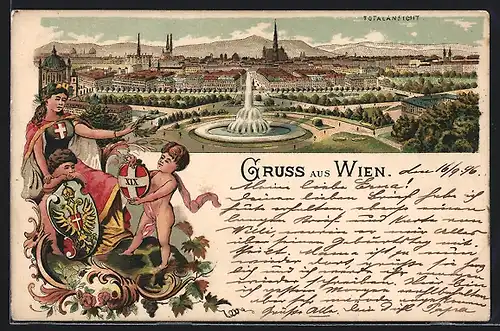 Lithographie Wien, Gesamtansicht und personifiziertes Österreich mit zwei Knaben und Wappen