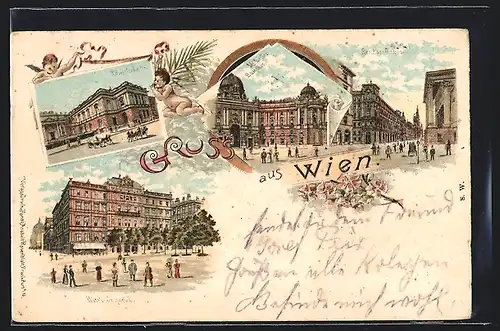 Lithographie Wien, Künstlerhaus, Michaeler Burgtheater, Reichsstrasse, Hotel Imperial