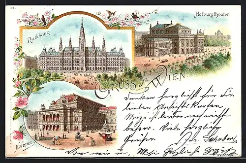Lithographie Wien, Rathaus, Hofoper, Hofburgtheater