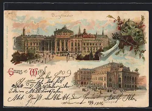 Lithographie Wien, Burgtheater und Hofoper