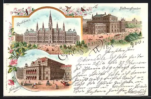 Lithographie Wien, Rathaus, Hofoper, Hofburgtheater