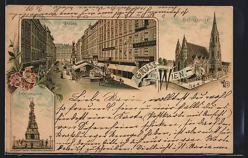 Lithographie Wien, Dreifaltigkeitssäule, Graben, Stefanskirche