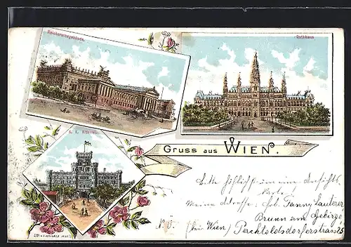 Lithographie Wien, K. K. Arsenal, Reichsrathsgebäude, Rathhaus