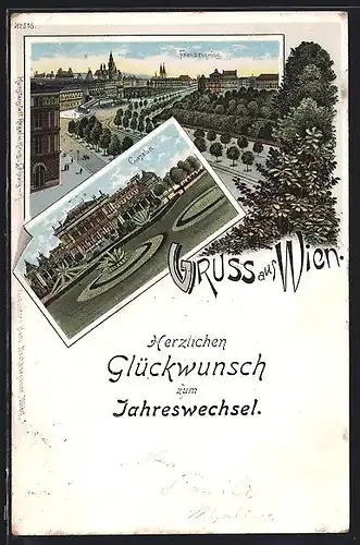 Lithographie Wien, Grünanlagen am Cursalon, Blick über den Franzensring