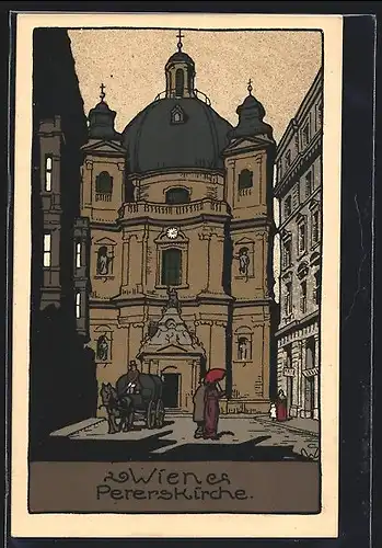 Steindruck-AK Wien, Peterskirche mit Pferdewagen