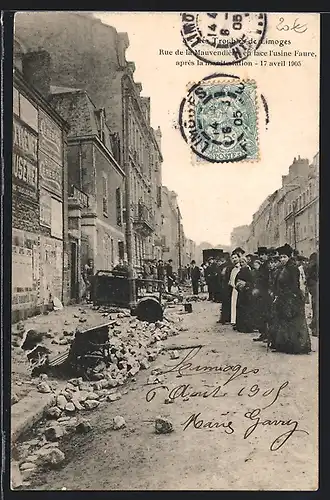 AK Limoges, Les Troubles, Rue de la Mauvendiere, en face l`usine Faure apres la manifestation 1905