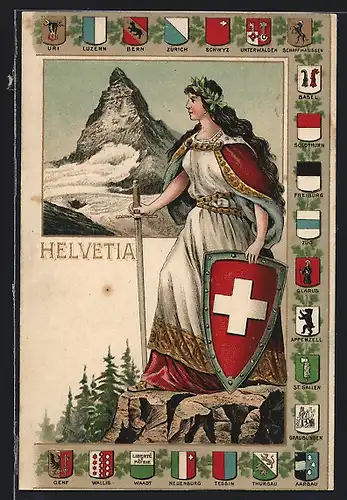 AK Schweiz, Helvetia, Wappen der Kantone, Matterhorn