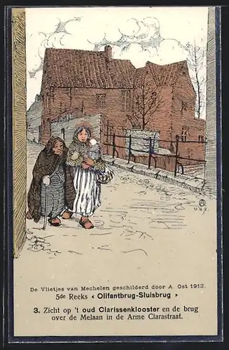 Künstler-AK A. Ost: Mechelen, Olifantbrug-Sluisbrug, Zicht op `t oud Clarissenklooster en de brug