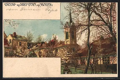 Künstler-AK Wien-Neustift am Walde, Ortspartie mit Kirche