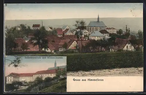 AK Himmelkron, Industrieschule und Blöden-Anstalt, Teilansicht mit Kirche