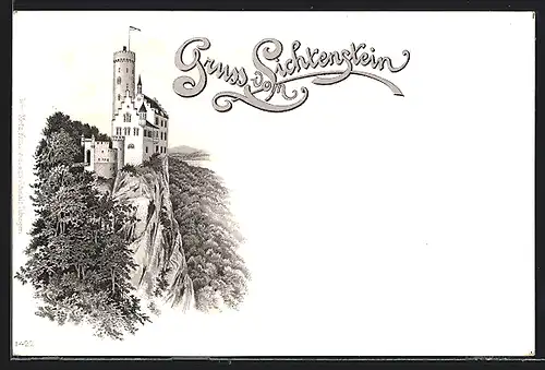 Lithographie Honau, Blick zur Burg Lichtenstein