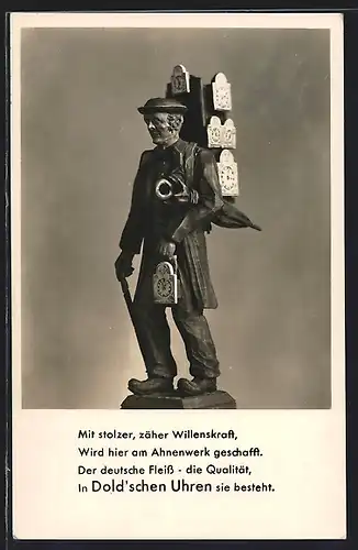 AK Schönwald /Schwarzwald, Uhrenfabrik Karl Jos. Dold Söhne, Statue Mann mit Uhren, Neujahrsgruss, Reklame