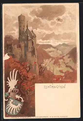 Lithographie Burg Lichtenstein mit Panorama