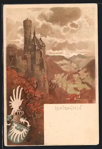 Lithographie Burg Lichtenstein mit Panorama