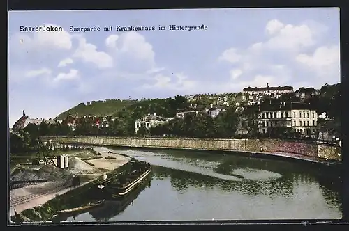 AK Saarbrücken, Saarpartie mit Krankenhaus im Hintergrund
