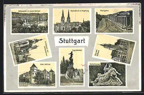 AK Stuttgart, Ansichten v. Marienkirche, Eugensbrunnen u. Eberhardsgruppe