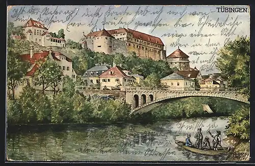 AK Tübingen, Ruderboot auf Fluss mit Brücke