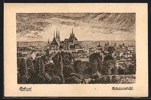 Künstler-AK Erfurt, Blick auf den Dom über Bäume