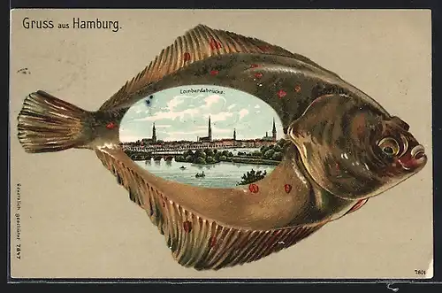 Passepartout-Lithographie Hamburg-Neustadt, Ausblick auf die Lombardsbrücke, Fisch