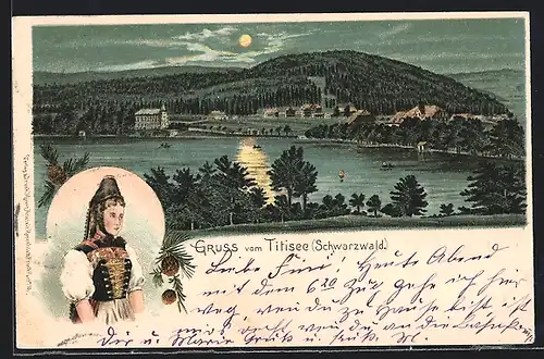 Lithographie Titisee / Schwarzwald, Teilansicht mit Mondschein, Frau in Tracht