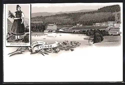 Lithographie Titisee, Gebäude am Ufer, Schwarzwäldermädchen in Tracht