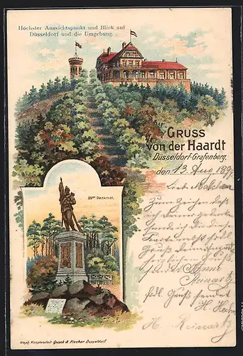 Lithographie Düsseldorf-Grafenberg, Haard mit Gasthaus, Aussichtsturm & 39er Denkmal