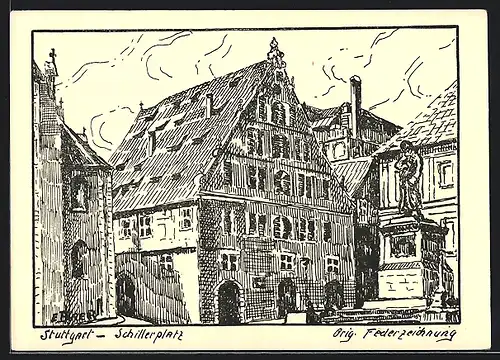 Künstler-AK Stuttgart, Am Schillerplatz