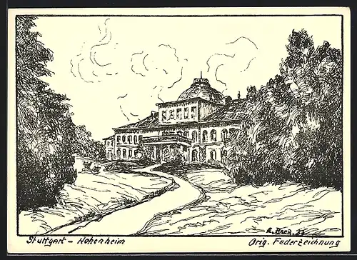 Künstler-AK Stuttgart-Hohenheim, Blick zum Schloss