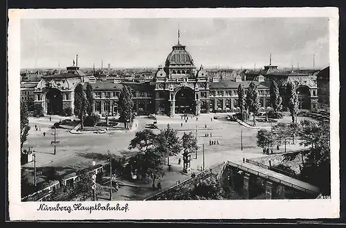 AK Nürnberg, Hauptbahnhof mit Strassenbahn von oben gesehen