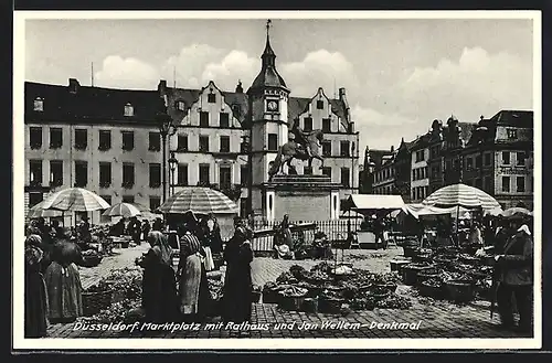 AK Düsseldorf, Marktplatz mit Rathaus und Jan Wellem-Denkmal