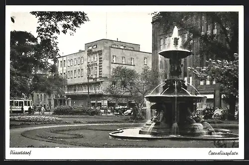 AK Düsseldorf, Albert Leo Schlageter-Platz mit Hotel, Geschäften und Strassenbahn