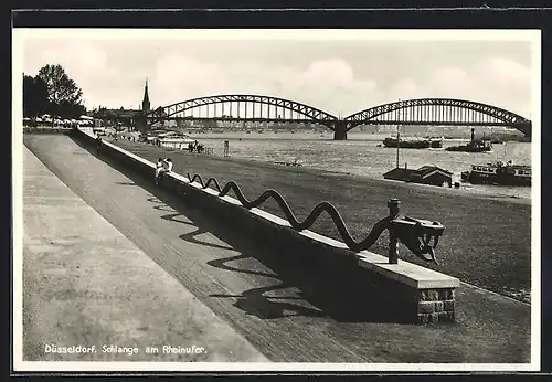AK Düsseldorf, Schlange am Rheinufer, Im Hintergrund Brücke