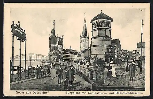AK Düsseldorf, Burgplatz mit Schlossturm und Düsselschlösschen
