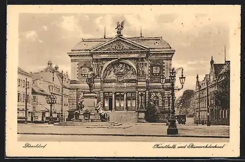 AK Düsseldorf, Kunsthalle und Bismarckdenkmal