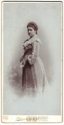 Fotografie J. Kindermann, Frankfurt a. O., Dame im bestickten Kleid mit Spitzenkragen