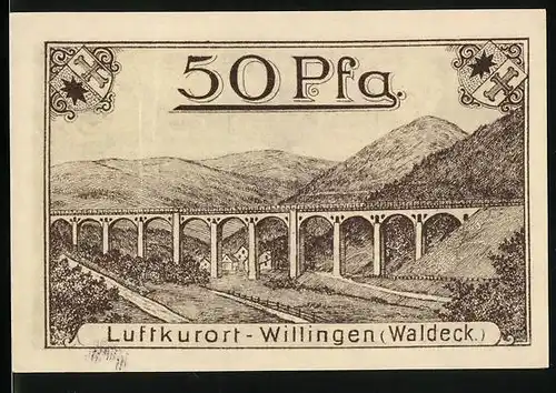 Notgeld Willingen (Waldeck) 1921, 50 Pfennig, Viadukt und Textilverkäufer
