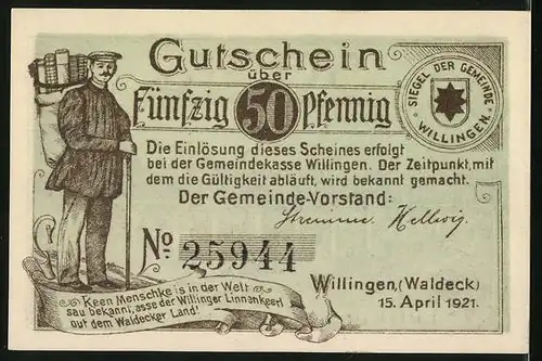 Notgeld Willingen (Waldeck) 1921, 50 Pfennig, Viadukt und Textilverkäufer