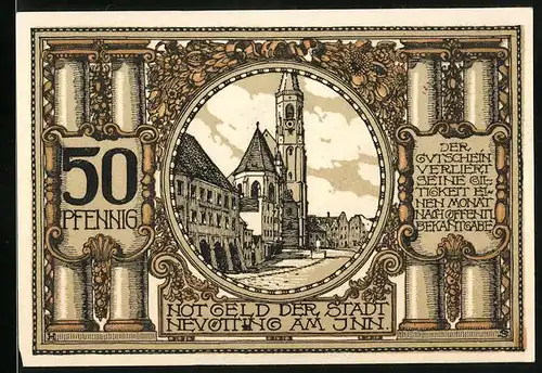 Notgeld Neuötting am Inn, 50 Pfennig, Stadttor und Kirche