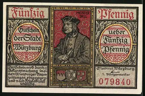 Notgeld Würzburg, 50 Pfennig, Stadtwappen und Meister Dill