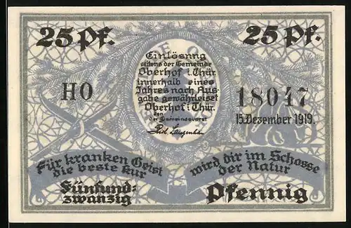 Notgeld Oberhof i. Thür. 1919, 25 Pfennig, Skiläufer mit Blick auf die Ortschaft