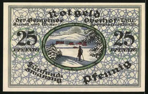 Notgeld Oberhof i. Thür. 1919, 25 Pfennig, Skiläufer mit Blick auf die Ortschaft