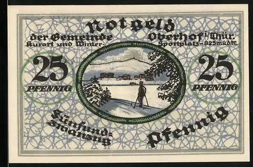 Notgeld Oberhof i. Thür. 1919, 25 Pfennig, Skiläufer blickt auf die Ortschaft