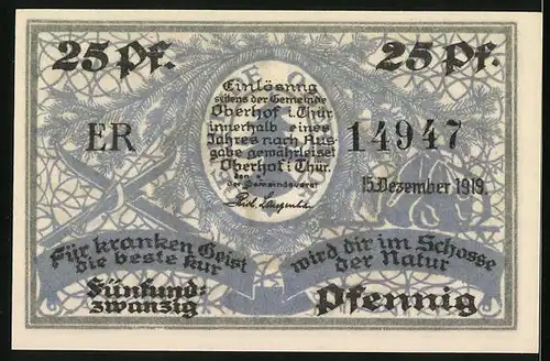 Notgeld Oberhof i. Thür. 1919, 25 Pfennig, Skiläufer blickt auf die Ortschaft